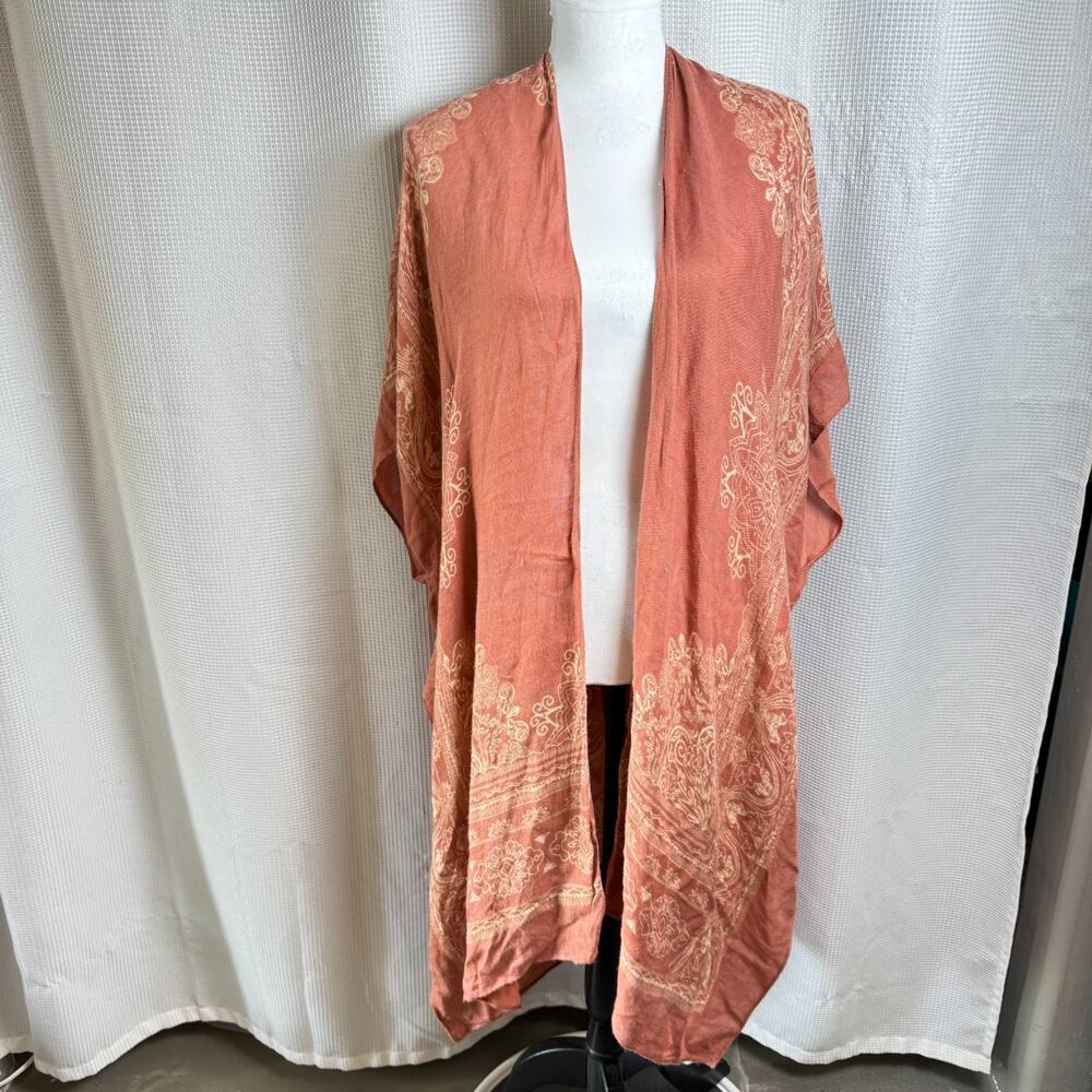 Nicole Miller Kimono Cover Up Long Open Front OS Rust Mandala Design Resort Swim
